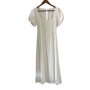 Endless Blu NEW Ainsley Square Neck Puff Sleeve Midi Dress In White Size S